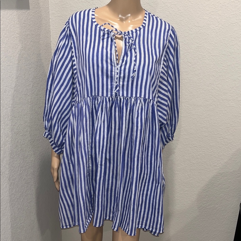 House of Sundar Blue and White Striped Tie-Front Tunic mini Dress w/ pockets